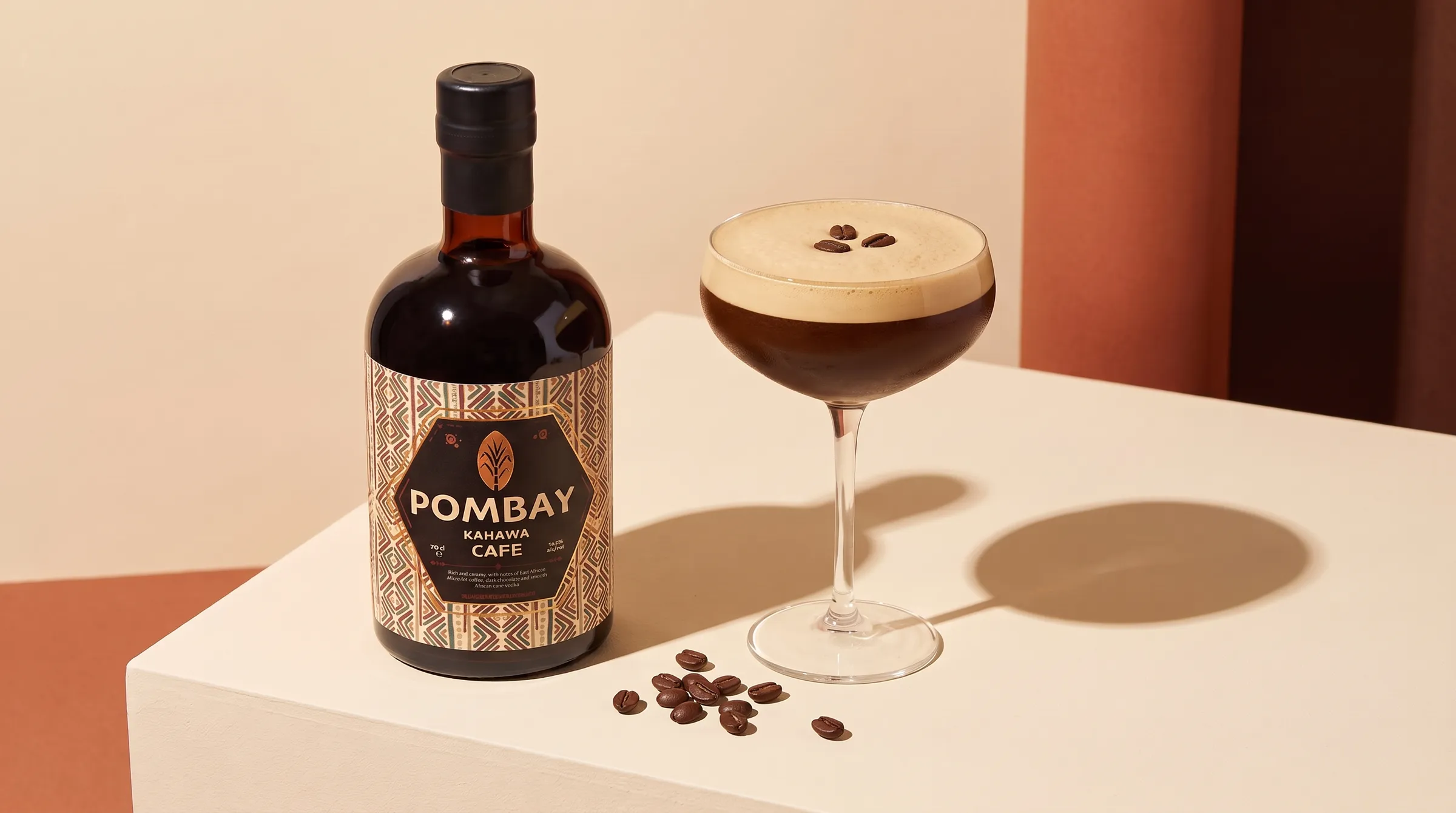 Pombay Kahawa Café Coffee Liqueur bottle beside an Espresso Martini on a warm plinth